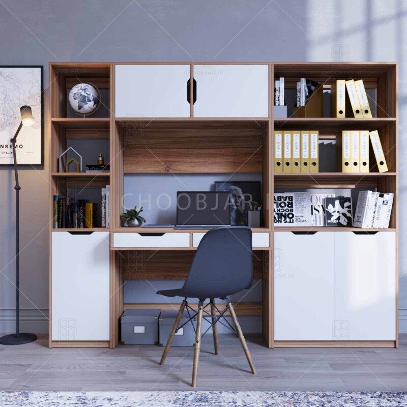 ست کامل میز تحریر و کتابخانه مودنا - (طول 200) ست کتابخانه و میز تحریر مدرن ام دی اف جدید با گارانتی