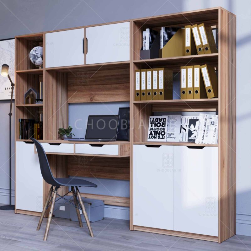 ست کامل میز تحریر و کتابخانه مودنا - (طول 200) کتابخانه و میز تحریر مدرن ام دی اف جدید با گارانتی