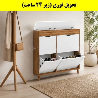 جاکفشی داشبوردی باریک باکس دار چهار درب النا – طول 125 (تحویل فوری) سفید گردویی