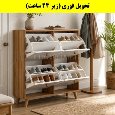 جاکفشی داشبوردی چهار درب دستگیره چوبی – طول 100 (تحویل فوری) سفید گردویی