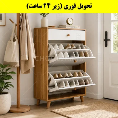 جاکفشی داشبوردی دو درب کشودار دستگیره چوبی – طول 70 (تحویل فوری) سفید گردویی