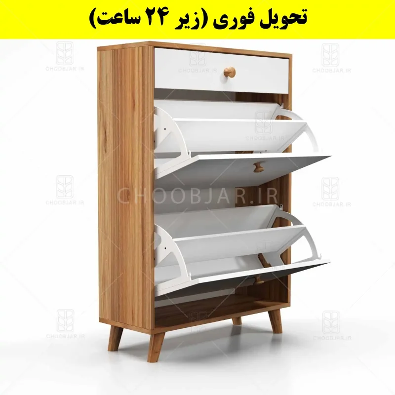 جاکفشی داشبوردی دو درب کشودار دستگیره چوبی – طول 70 (تحویل فوری) سفید گردویی