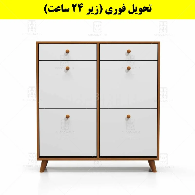 جاکفشی داشبوردی چهار درب کشودار دستگیره چوبی – طول 100 (تحویل فوری) سفید گردویی