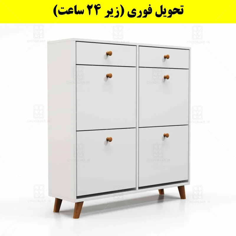 جاکفشی داشبوردی چهار درب کشودار دستگیره چوبی – طول 100 (تحویل فوری) سفید