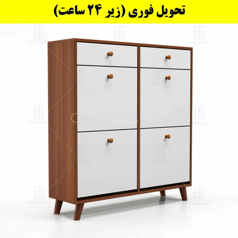 جاکفشی داشبوردی چهار درب کشودار دستگیره چوبی – طول 100 (تحویل فوری) سفید فندوقی
