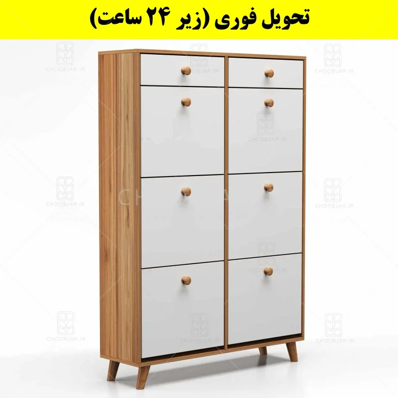 جاکفشی داشبوردی شش درب کشودار دستگیره چوبی – طول 100 (تحویل فوری) سفید گردویی
