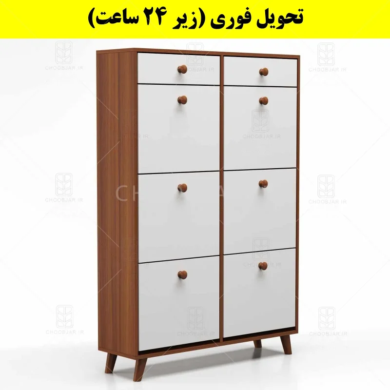 جاکفشی داشبوردی شش درب کشودار دستگیره چوبی – طول 100 (تحویل فوری) سفید فندوقی