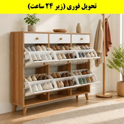 جاکفشی داشبوردی شش درب کشودار دستگیره چوبی – طول 150 (تحویل فوری) سفید گردویی