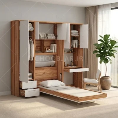تخت تاشو عمودی تک نفره طول 235 کد 115 سفید گردویی