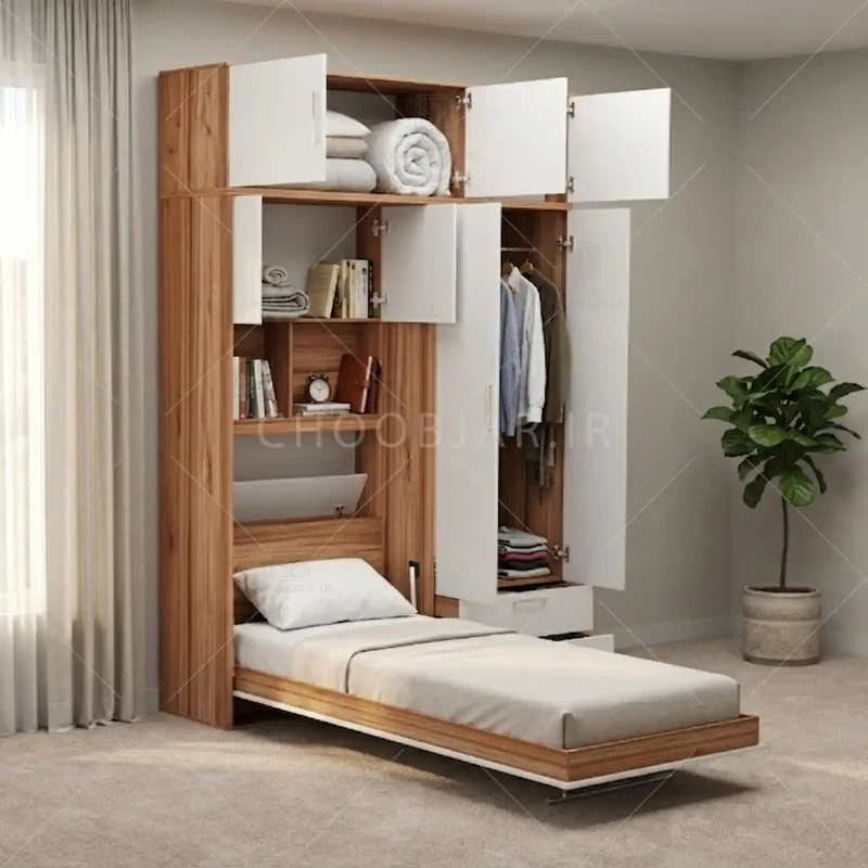 تخت تاشو عمودی تک نفره طول 185 کد 118 سفید گردویی